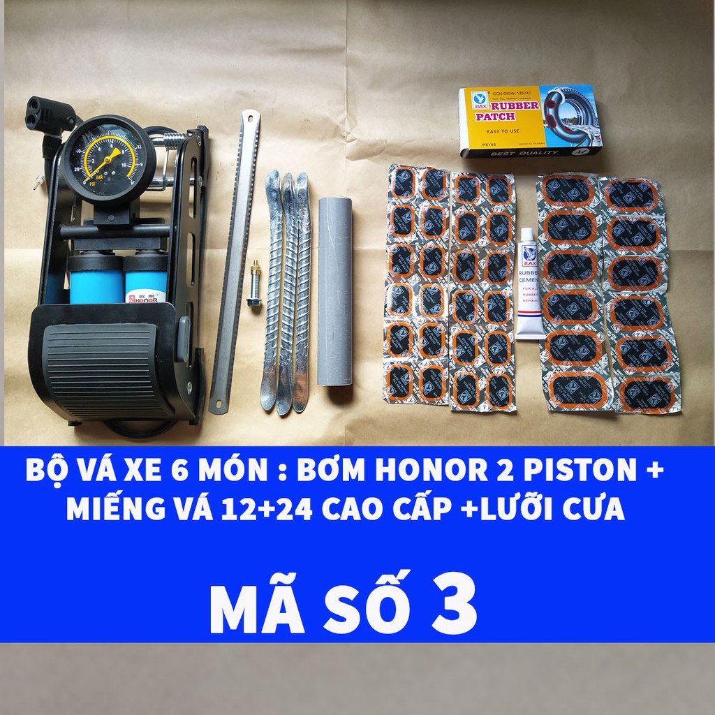 [Bơm Chân Honor 2 Piston] Bộ Vá 6 Món Ruột Xe Máy Và Xe Đạp Có Bơm Chân Honor 2 Piston + Lưỡi Cưa