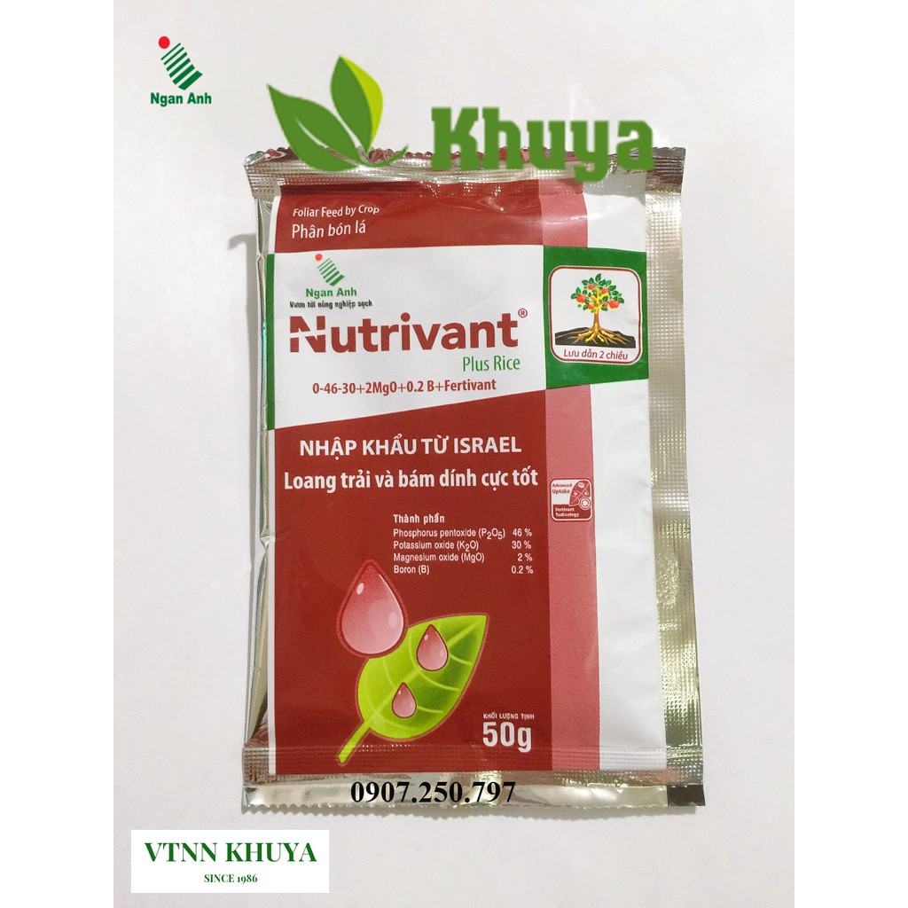 Phân bón lá Nutrivant Plus Rice 50gr Loang trải và bám dính cực tốt