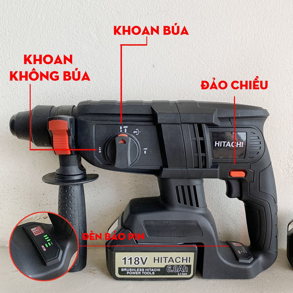 Máy Khoan Đục Bê Tông HITACHI 118V 3 Chức Năng, 2 PIN, Không Chổi Than