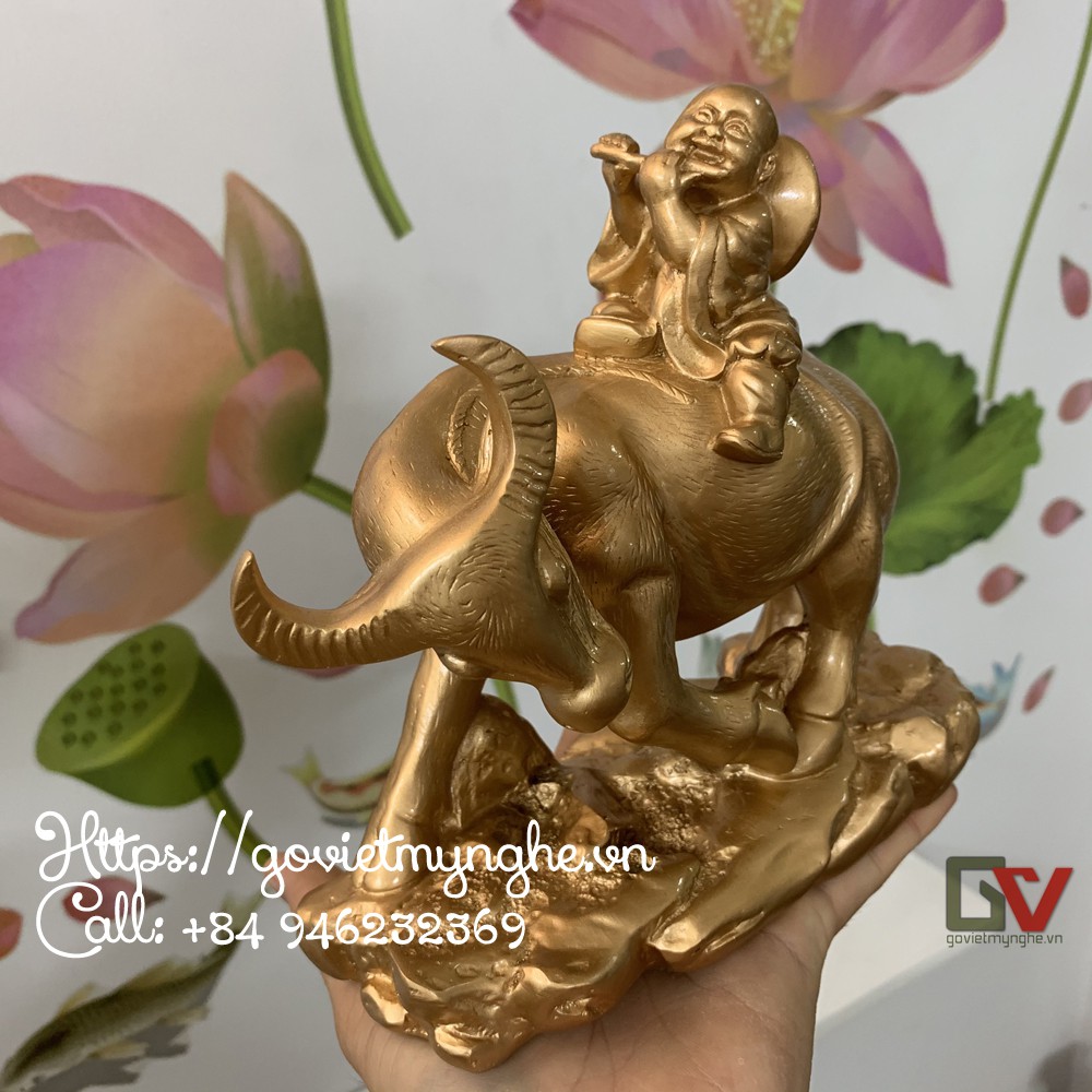 [Tượng trâu mục đồng] Tượng đá trang trí mục đồng cưỡi trâu - Dài 18cm - Màu nhũ vàng