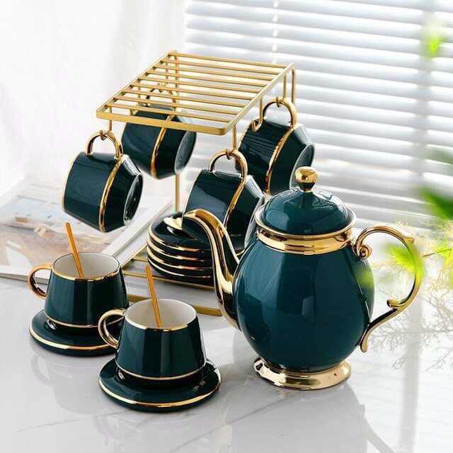 Bộ bình cốc uống trà cà phê 618 màu xanh cổ vịt viền vàng kèm Giá treo cốc, 6 thìa vàng, 6 đĩa lót tách