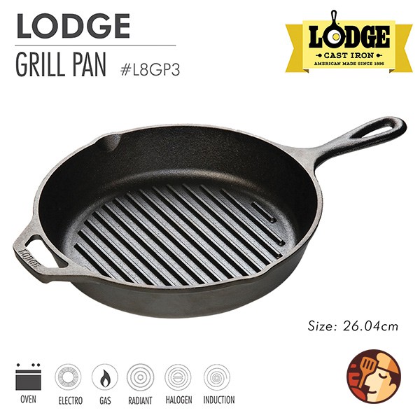 Chảo gang nướng Lodge có rãnh tròn 26 cm chống dính tự nhiên, dùng được cho mọi loại bếp và lò nướng