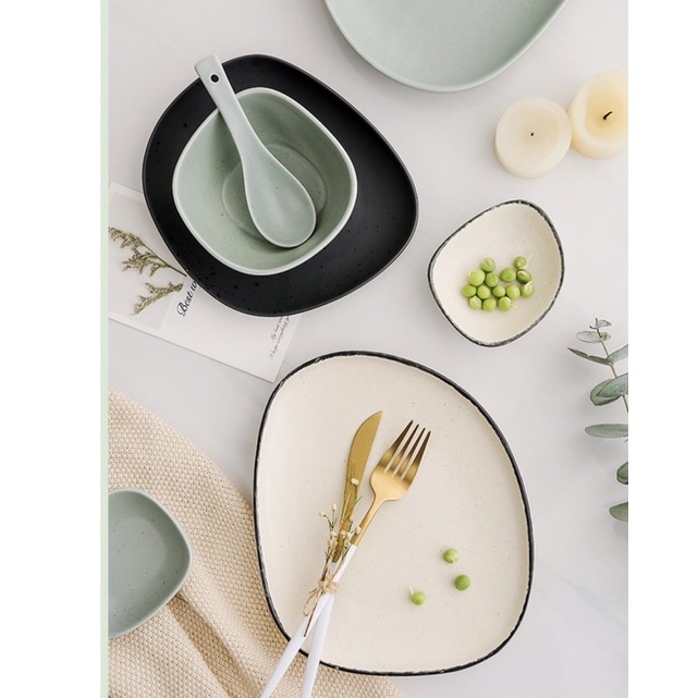 Bộ bát đĩa méo mix màu Starstone phong cách Bắc Âu - Bộ bát đĩa đầy đủ hộp tặng quà, tân gia