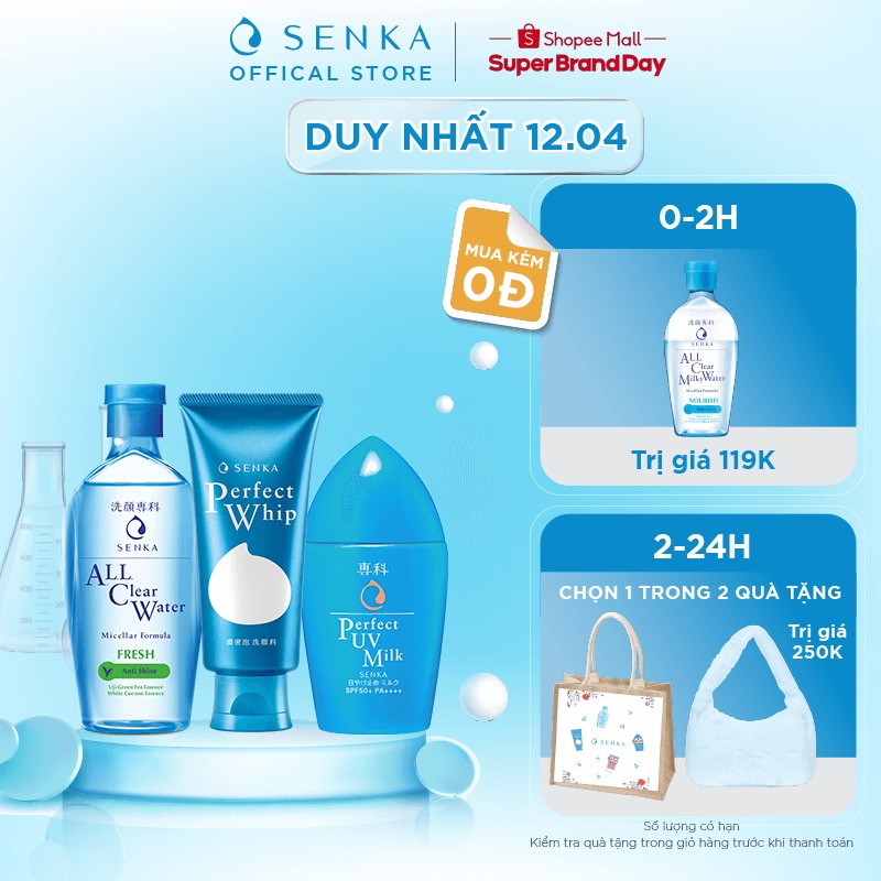 Combo Senka Làm Sạch Chống Nắng Kiềm Dầu Hoàn Hảo (Water Fresh 230ml + Perfect Whip 120g + UV Milk 40ml)