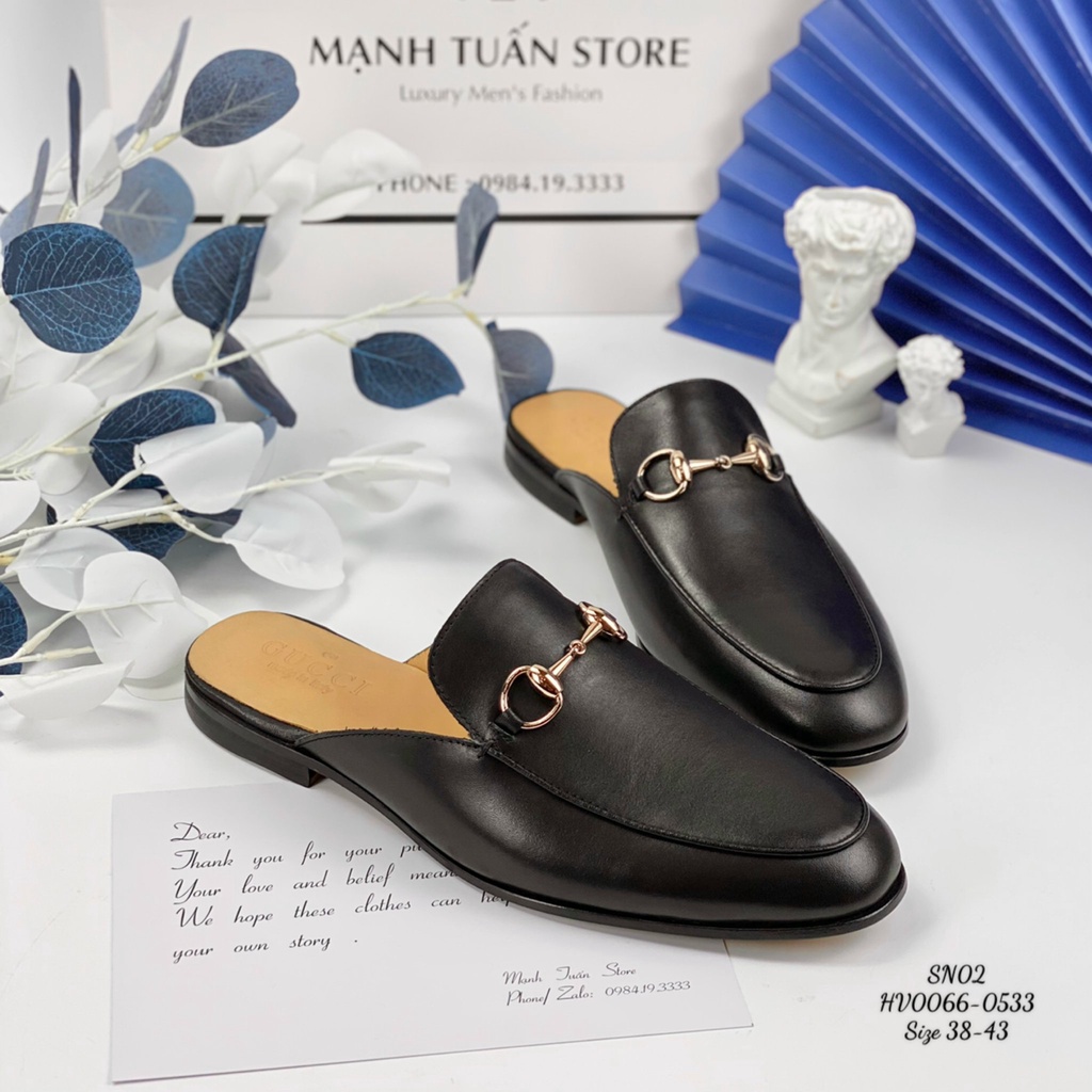 Sục nam cao cấp - Giày mules nam Gucci Da bò nguyên miếng, đế gỗ sồi cùng quai kim loại cực kì sang trọng SN02