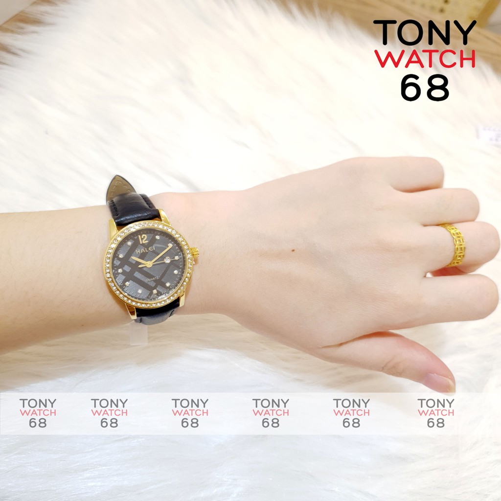 Đồng hồ nữ dây da đeo tay Halei chính hãng đẹp viền vàng đính đá chống nước giá rẻ | BigBuy360 - bigbuy360.vn