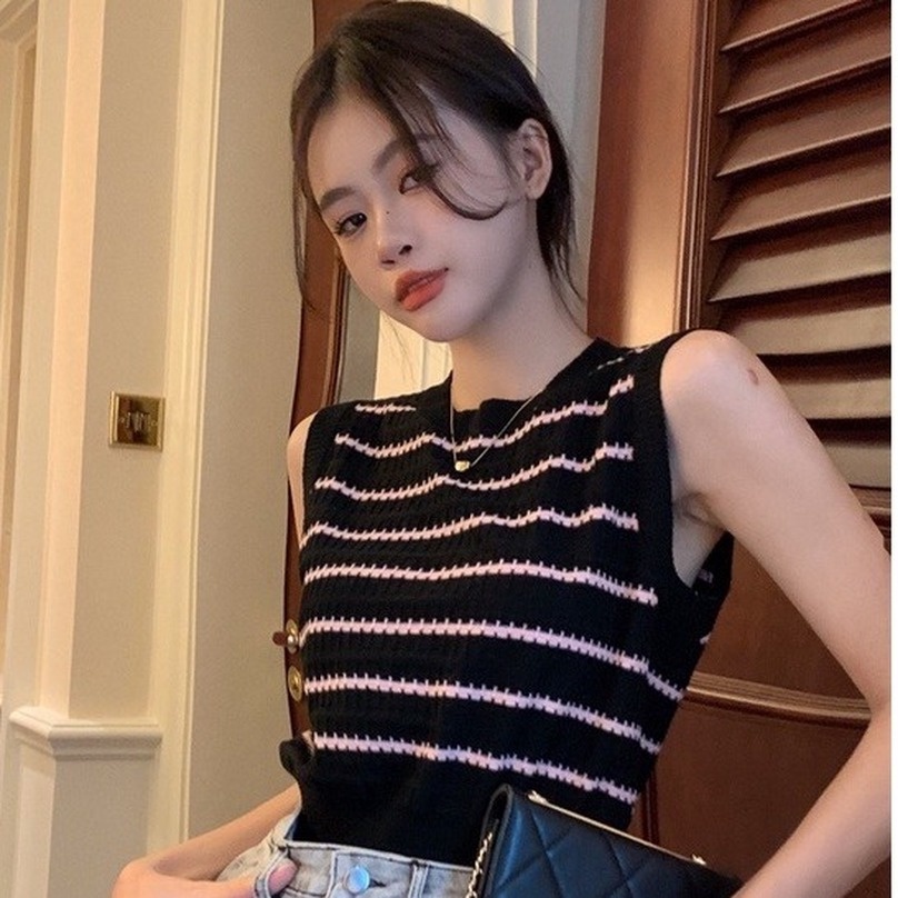 Áo GENAISHA vải dệt kim không tay dáng ôm kẻ sọc thời trang Hàn Quốc cho nữ