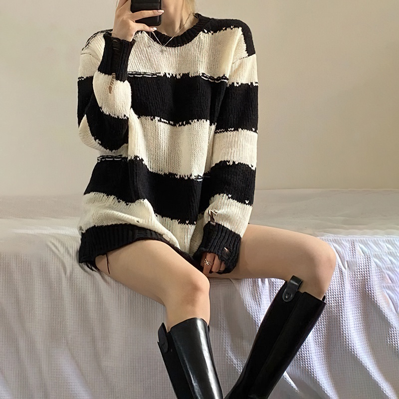 Porozi  Áo sweater dệt kim tay dài hoạ tiết kẻ sọc phong cách Hàn Quốc