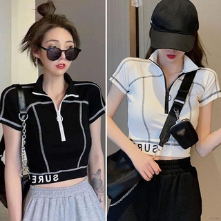 Áo Dệt Kim Ngắn Tay Lưng Cao Phối Khóa Kéo Thời Trang Mùa Hè Cho Nữ