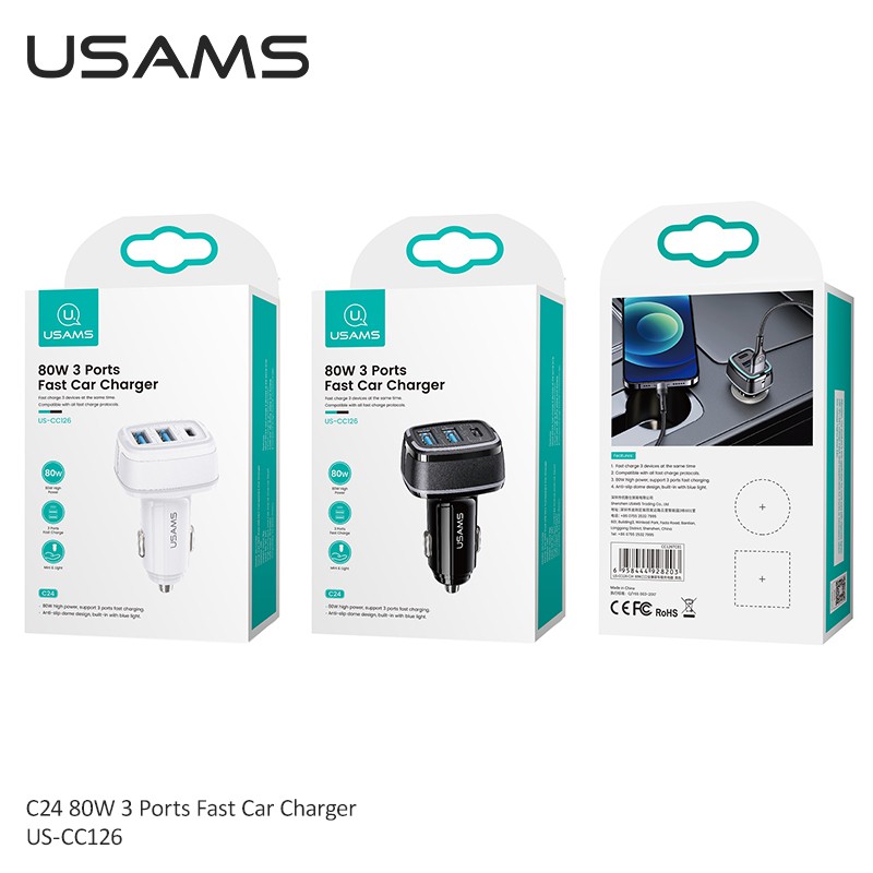 Tẩu Sạc USAMS Cao Cấp Dùng Trên Xe Hơi 3 Cổng Usb C24 80w Dành Cho IPHONE OPPO SAMSUNG HUAWEI VIVO XIAOMI