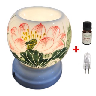 Đèn xông tinh dầu vẽ hoa sen + 1 chai tinh dầu Sả chanh Viện nông nghiệp IAT 10ml