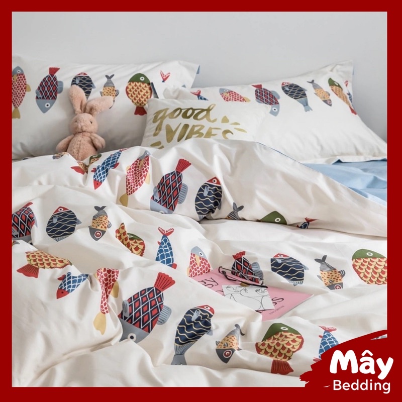 Bộ chăn ga gối Cotton Poly hoạ tiết Cá sắc màu MÂY BEDDING đủ kích thước nệm
