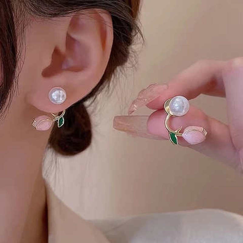 Khuyên Tai Hình Hoa Tulip Đính Ngọc Trai Thời Trang Cho Nữ