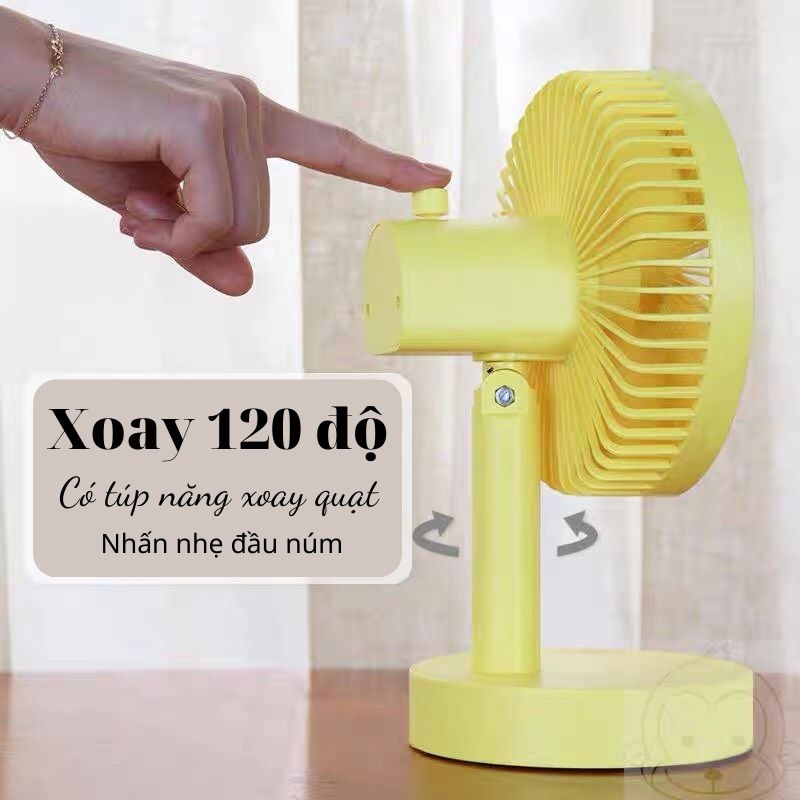 Quạt tích điện để bàn cầm tay mini xoay 180 độ, 3 mức gió kiêm đèn ngủ ban đêm tiếng ồn thấp. Máy làm mát cá nhân