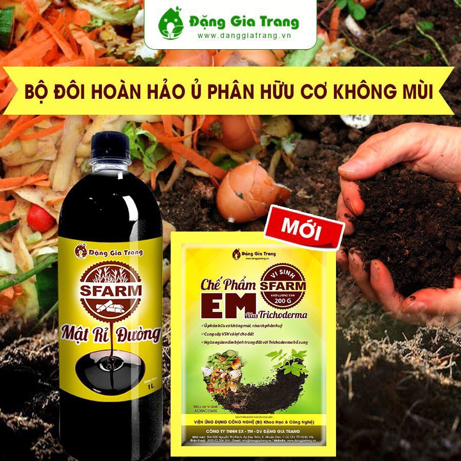 Combo 2 gói Emzeo, EM khử mùi hôi và 1L mật rỉ đường Sfarm sử dụng ủ phân compost, đậu tương, rác thải nhà bếp