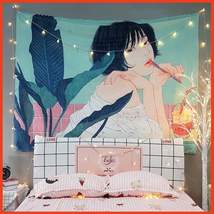 Thảm treo tường bằng vải họa tiết cô gái có tặng kèm móc treo tường trang trí phòng, decor nhà cửa