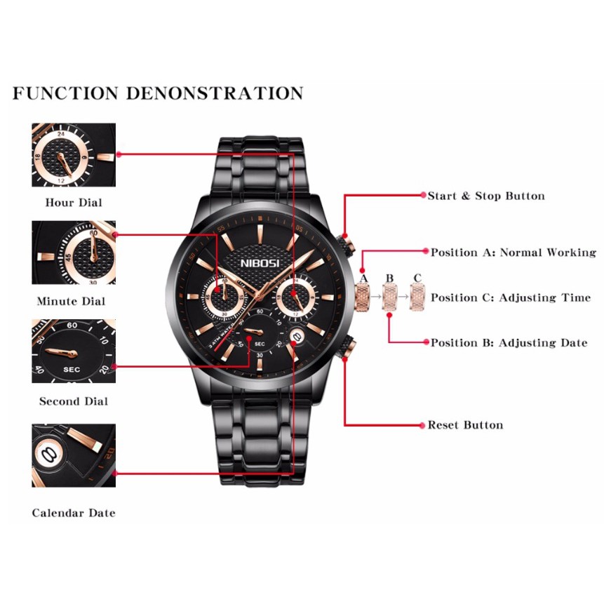 Đồng hồ nam dây thép đặc 6 kim Nibosi 2313 (fullbox)