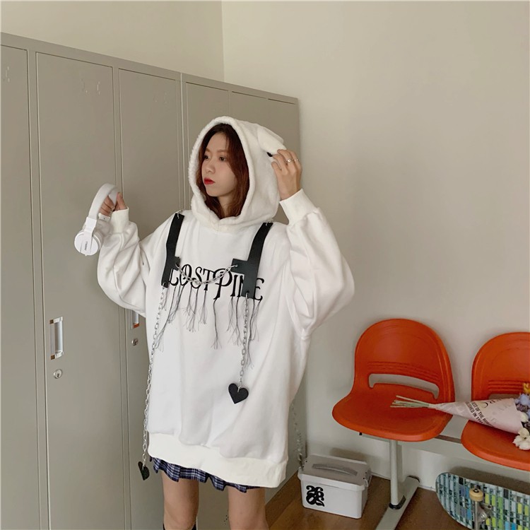 Áo hoodie nữ tay dài phong cách đường phố nón tai thỏ không có túi phối xích trái tim ulzzang ( 2 màu )