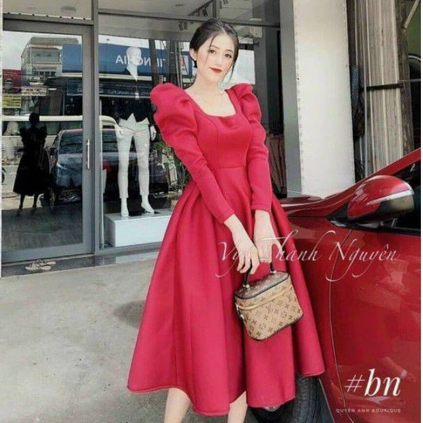 Váy dự tiệc cổ vuông tay dài xoè phồng Poly- hình thật trải sàn | BigBuy360 - bigbuy360.vn