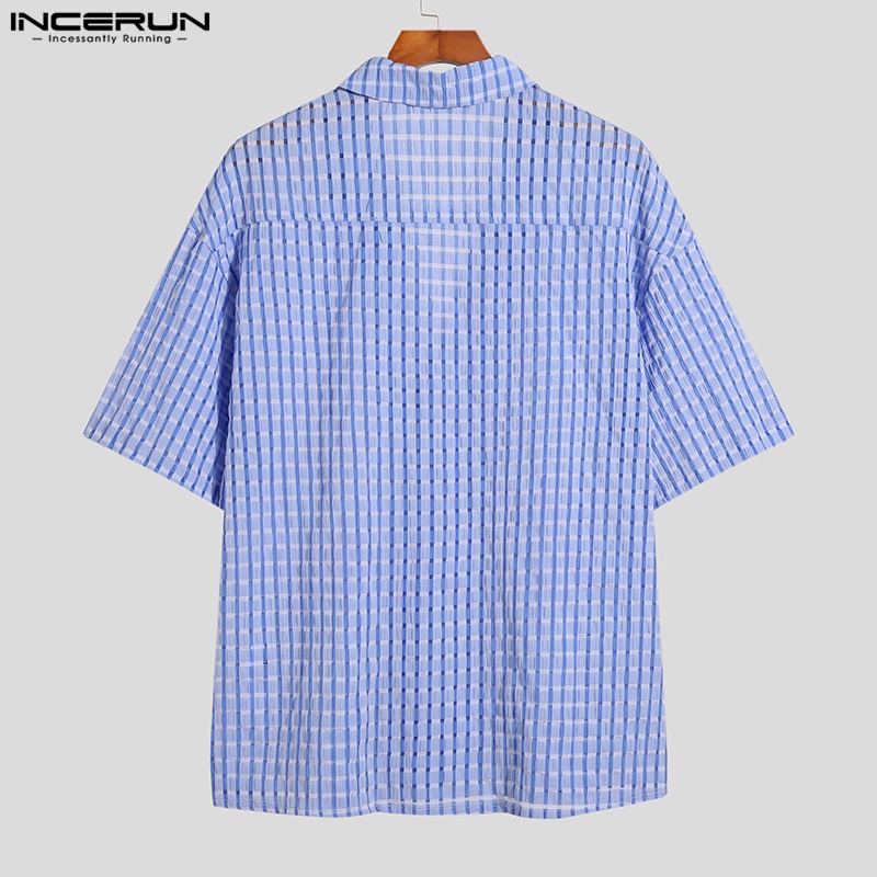 Áo sơ mi INCERUN ngắn tay dáng rộng họa tiết sọc caro phong cách Hàn Quốc cho nam