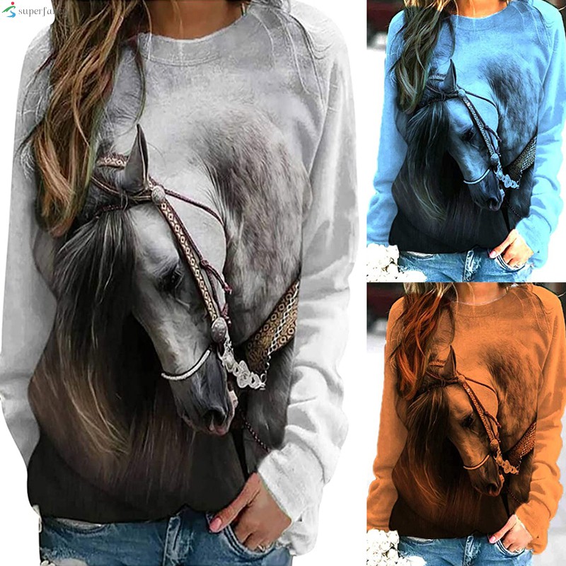 Women's Casual Horse Fun Print Sweatshirt Pullover Loose Long Sleeve Round Neck Blouse for Every Day