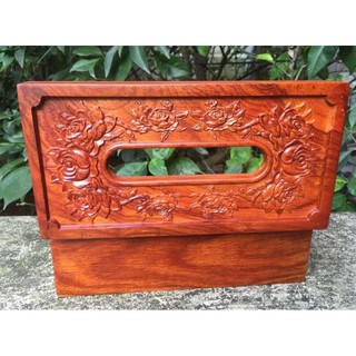 Hộp đựng khăn giấy ăn gỗ huong ta đỏ cao cấp mặt trạm hoa hồng (viền)
