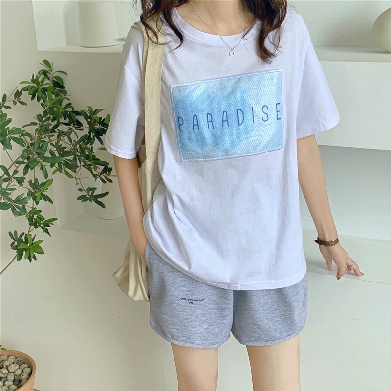 Áo Thun Tay Ngắn Cổ Tròn Thêu Chữ Đính Kim Sa Lấp Lánh Thời Trang