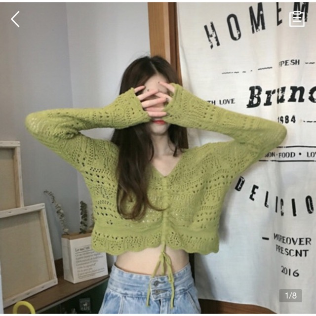 Sẵn - Áo len móc tay dài dây rút croptop
