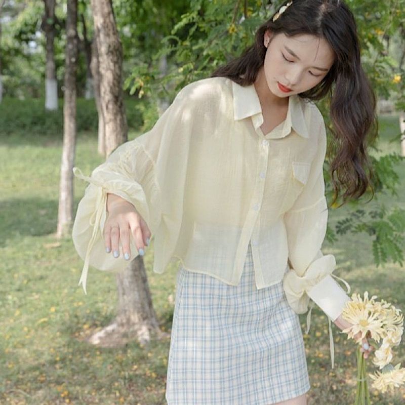 Áo Sơ Mi Chiffon Mỏng Dáng Rộng Tay Dài Màu Vàng Cho Nữ