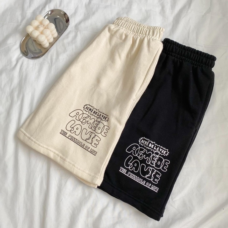 Quần Short Thun LAVIE màu ĐEN/KEM vải da cá  Nam nữ unisex  Quần thun lưng chun Jaystoree