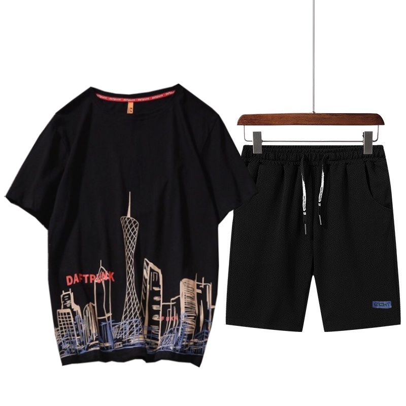 Set Bộ 2 Món Quần Shorts + Áo Thun Nam Chất Vải Thun CB2_MAT178TH_MSH002THDEF6 (Tòa Nhà Thành Phố + Trơn Logo Xanh)