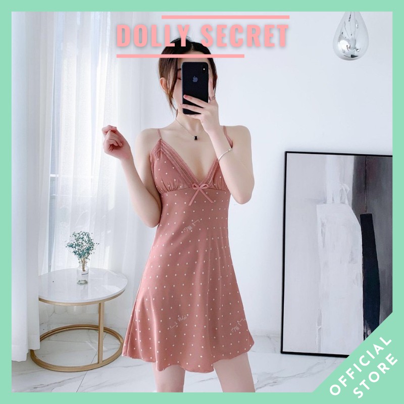 Váy ngủ 2 dây lụa mặc nhà nữ họa tiết chấm bi viền ren quyến rũ cao cấp DOLLYSECRET V01