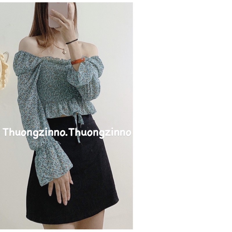 [Ảnh thật/Video]Áo croptop hoa nhí vintage thiết kế chun bồng tay dài Áo Croptop Trễ Vai Thời Trang  ྇