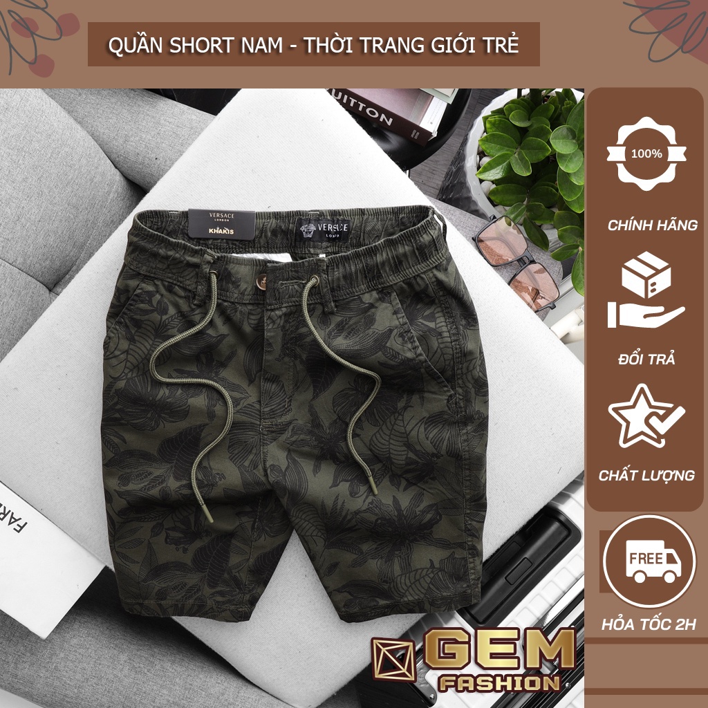 Quần short nam, quần đùi nam, mặc hằng ngày màu xanh rêu in họa tiết hình lá chuẩn form