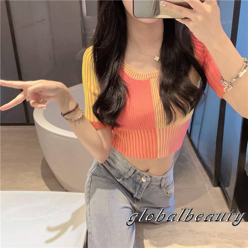 Áo dệt kim tay ngắn cổ tròn phối màu xinh xắn thời trang cho nữ