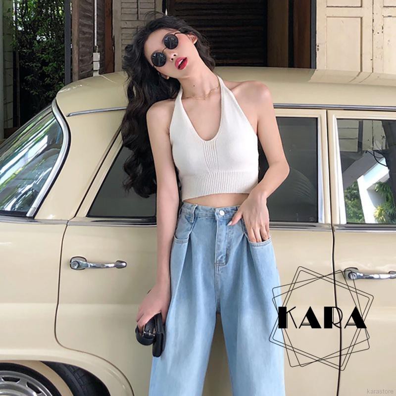 Áo croptop dệt kim hai dây cổ chữ V thời trang gợi cảm cho nữ