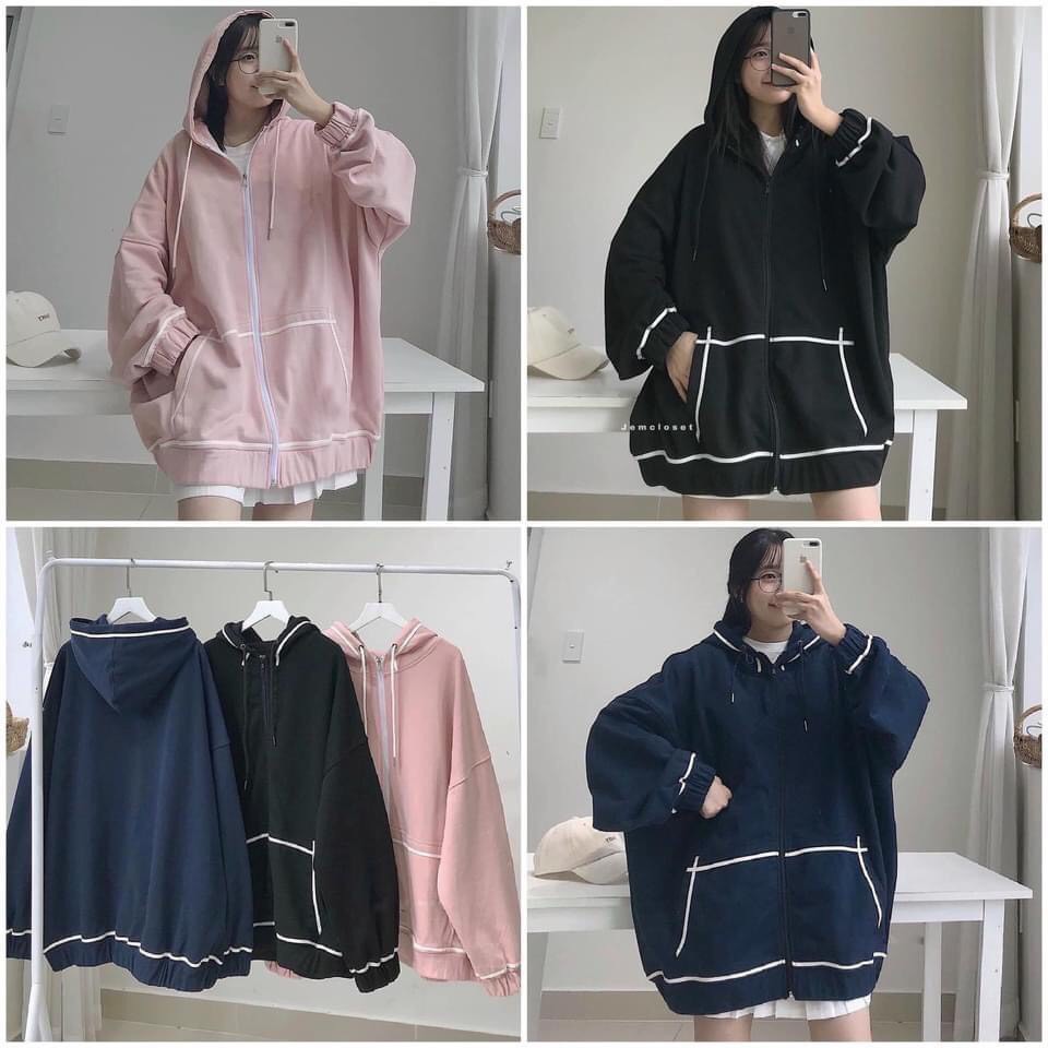 Áo Khoác Hoodie Chạy Viền Tay Bồng Áo Jacket Nỉ Unisex Form Rộng Khóa Kéo Kèm Mũ 3 Màu