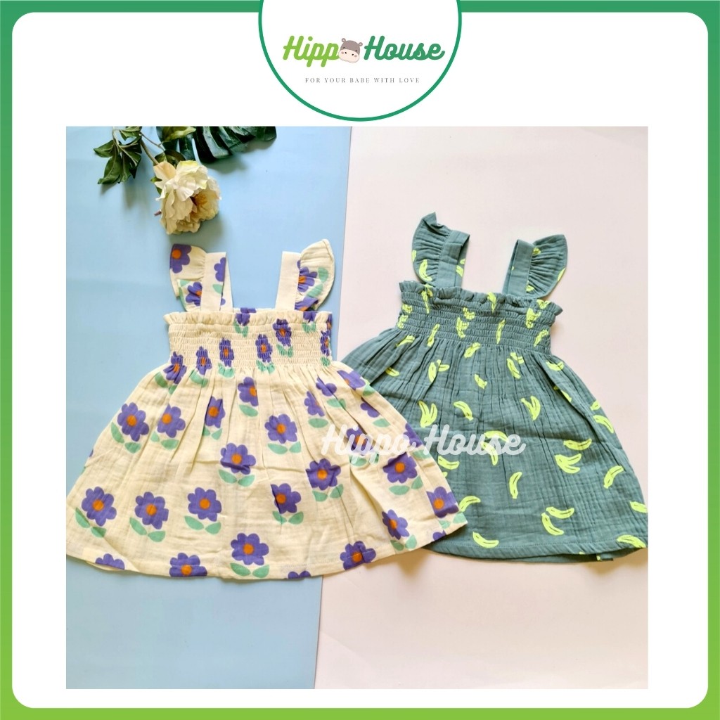 Váy Đầm Bé Gái Laughing Child xuất Hàn Size 80 -110 Chất Liệu Linen Hippo House