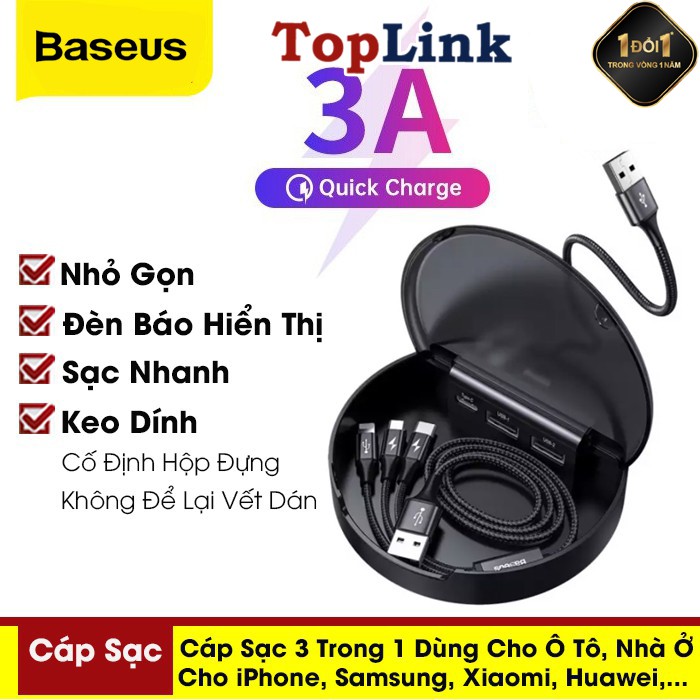 Cáp Sạc Baseus Cho Xe Hơi, Đầu Cắm USB Type C, 3 Trong 1,( Baseus Car Sharing Charging Station) Dành Cho Smartphone