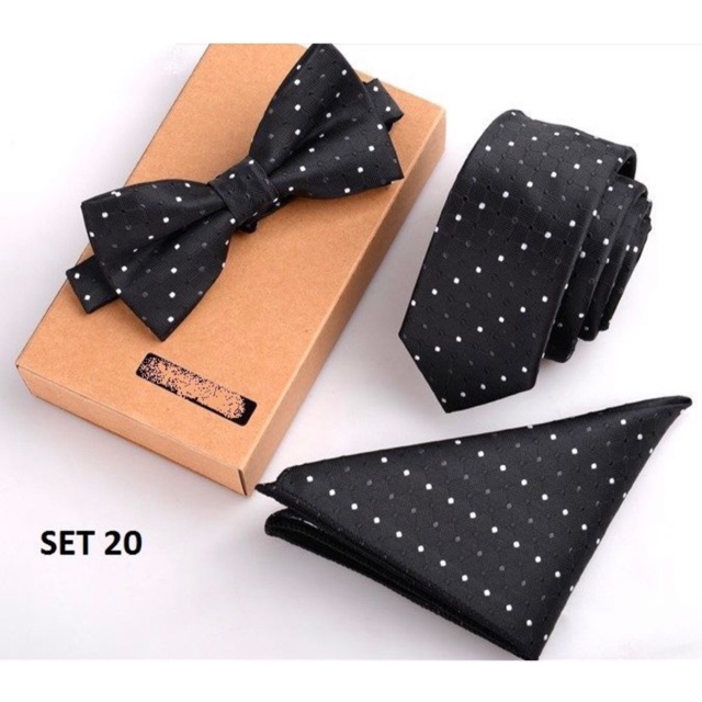 Set Cà vạt đen bản 6cm, Nơ và Khăn cài áo vest
