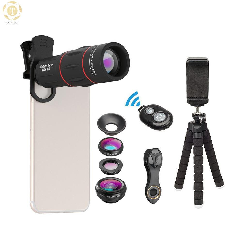 Shipped within 12 hours】 APEXEL APL-T18XBZJ5 Telephoto 4 in 1 Cellphone Lens Universal Kit 18X Mobile Phone Telephoto Lens 198° Fisheye Lens 0.63X Wide Angle 15X Macro Lens with Remote Shutter Mini Tripod Phone Holder for iPhone Samsung Huawei Xiaom [TO]