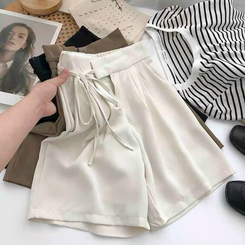 Quần short nữ ống rộng lưng cao dây thắt cách điệu mặc ở nhà, đi chơi ,đi biển phong cách Hàn Quốc