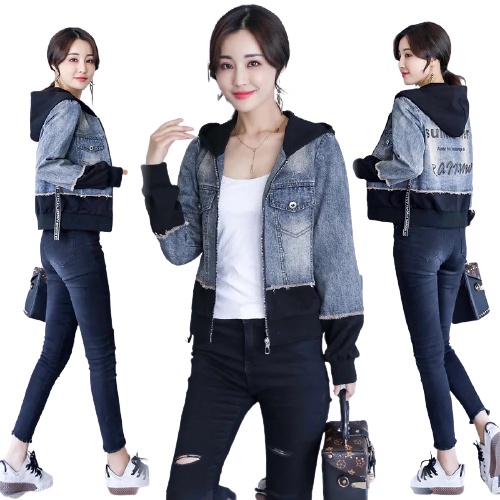 Áo khoác jean tay dài có nón phối thun size M L
