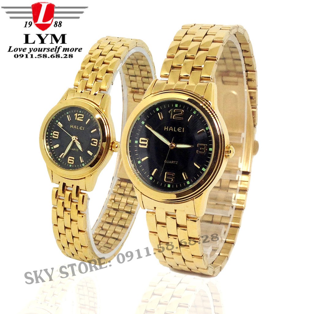 Đồng hồ đôi nam nữ HALEI 7788D dây thép mạ vàng cao cấp thời trang (mặt đen)
