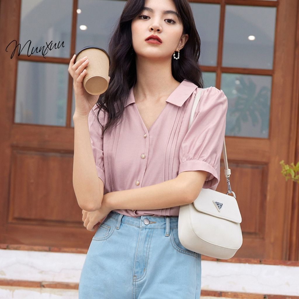 Áo sơ mi nữ kiểu tay ngắn Munxuu dáng basic thời trang công sở, thiết kế dập ly thanh lịch, vải Tơ mềm chống nhăn - SP46