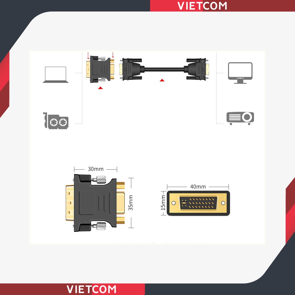 Đầu chuyển đổi DVI To VGA Mạ Vàng - Tự động nhận đúng độ phân giải của màn hình
