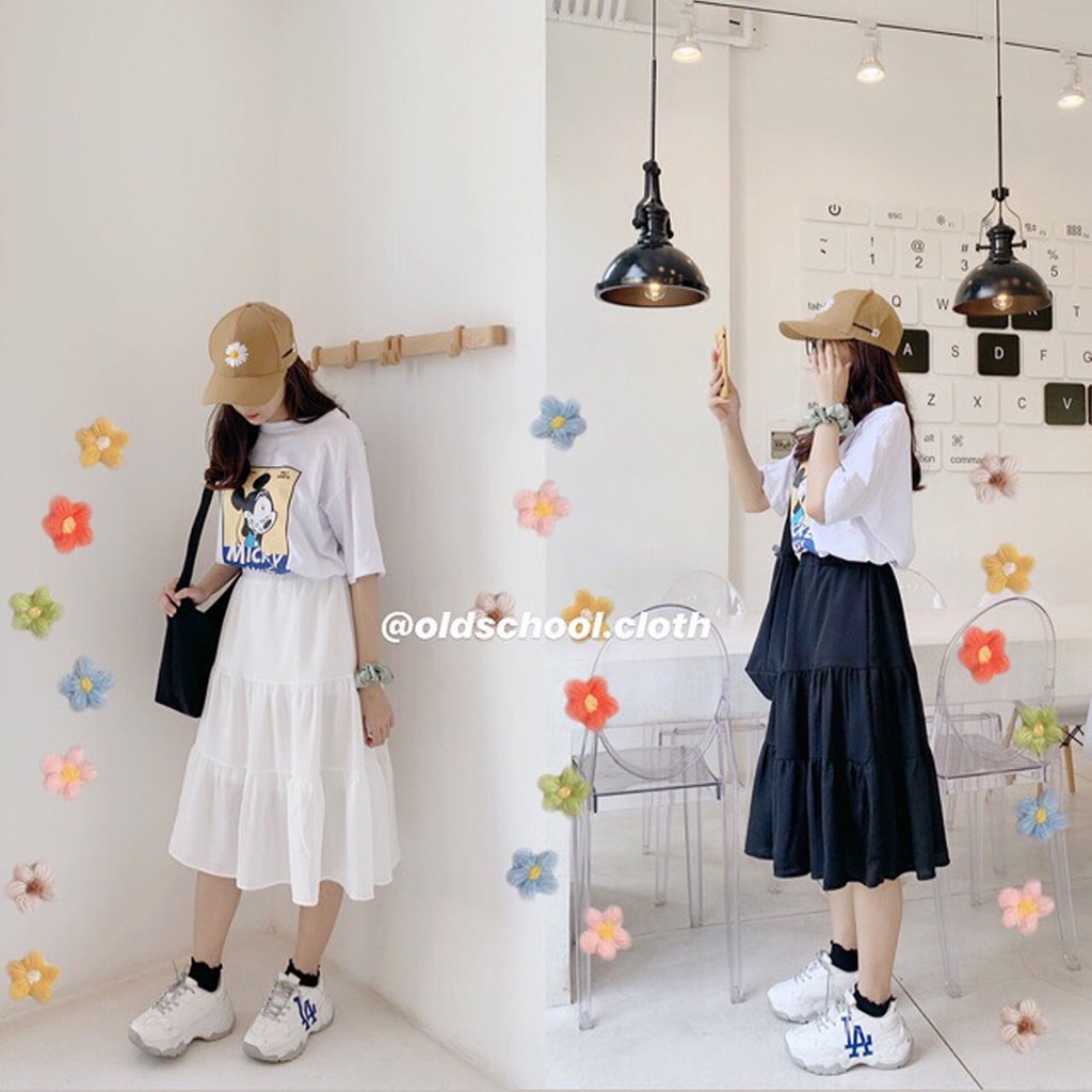 Chân váy 🦋 Vintage váy trắng và đen dáng dài chất cotton mix kèm áo len gile khoác áo thun hay cadigant áo kiểu 2 dây | BigBuy360 - bigbuy360.vn