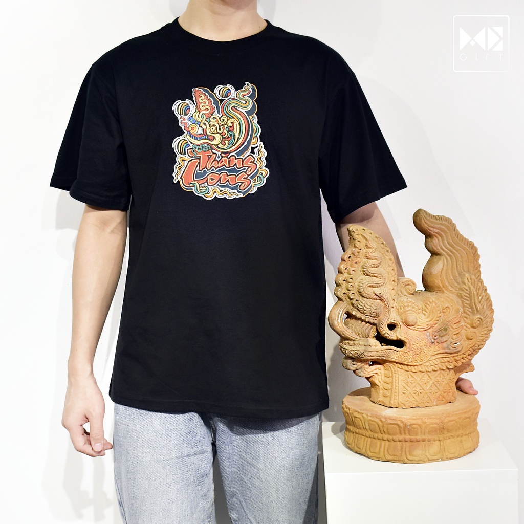 ÁO PHÔNG TAY LỠ MÀU TRẮNG ĐEN FORM RỘNG UNISEX - ĐẦU RỒNG THỜI LÝ - T4BWDR