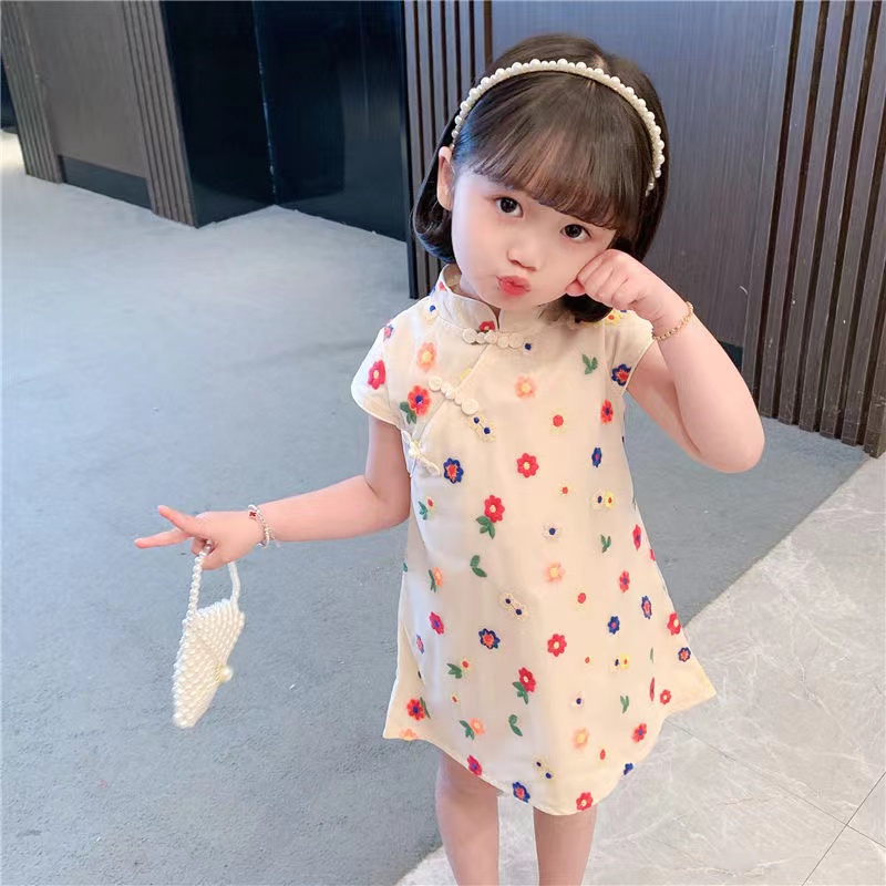 SANITKUN Đầm Sườn Xám Thêu Hoa Dễ Thương Cho Bé Gái