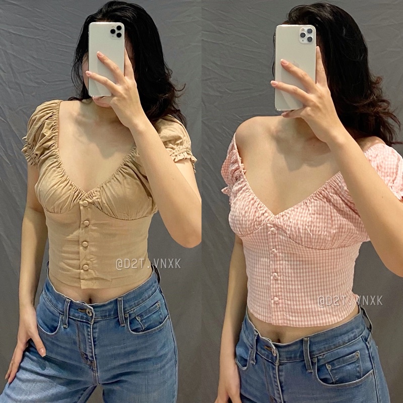 Áo Croptop Smocking Nút Bọc